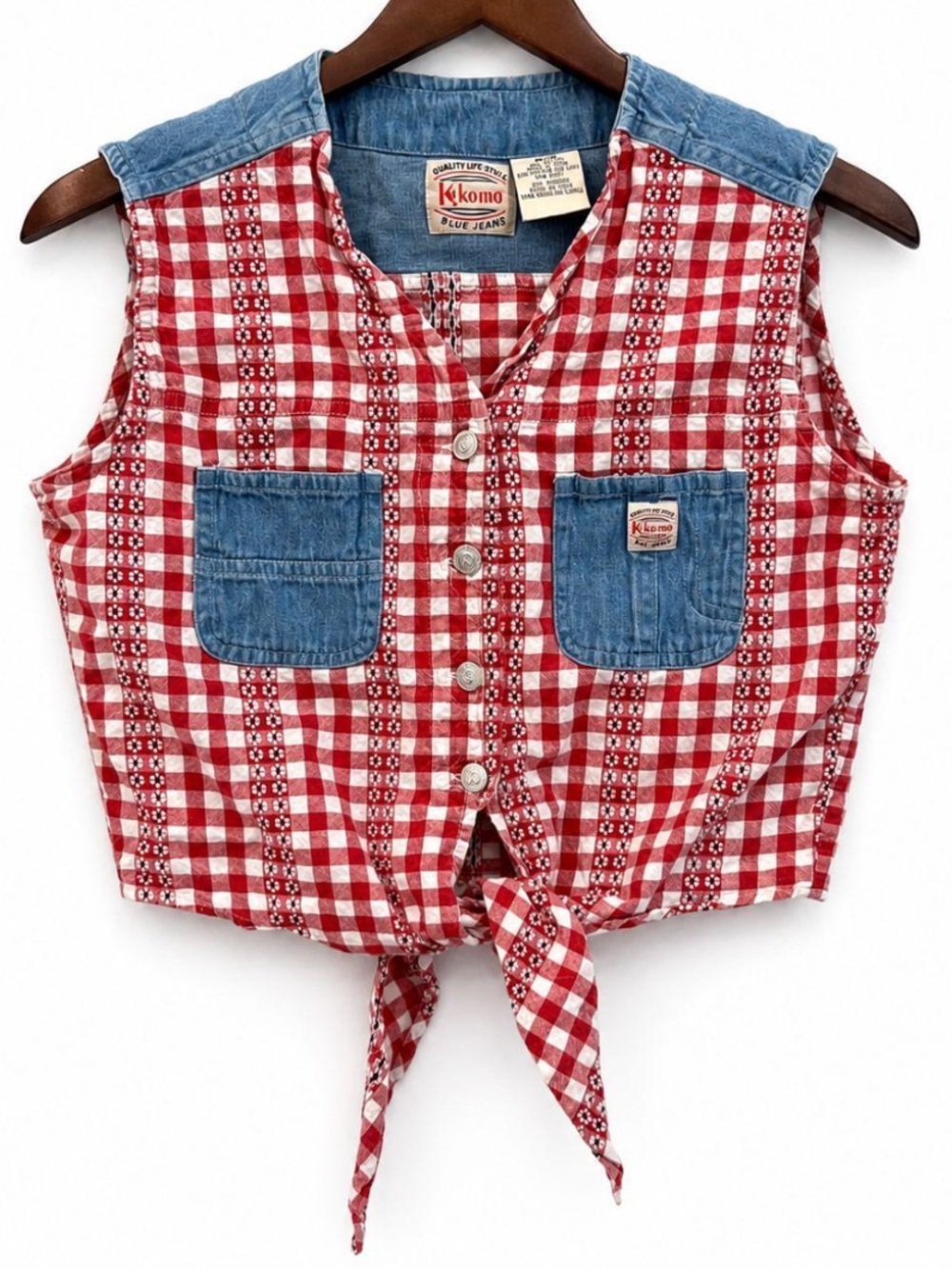 Vintage 90s/Y2K Gingham Crop Top, Chambray Plaid Tie Front Shirt Size XS